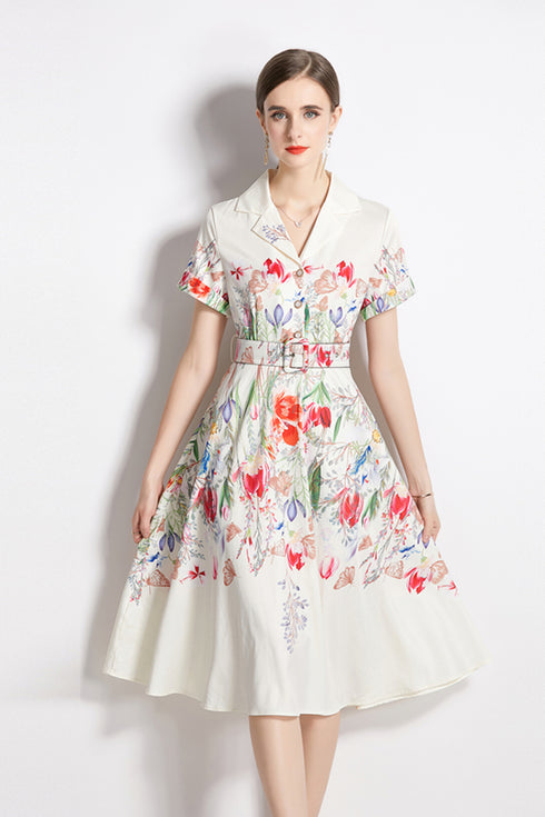 Vintage French Style Floral Print Notched Collar V-Neck, Short Sleeve, Button Up, Belted Office, Holiday, Party Vestidos